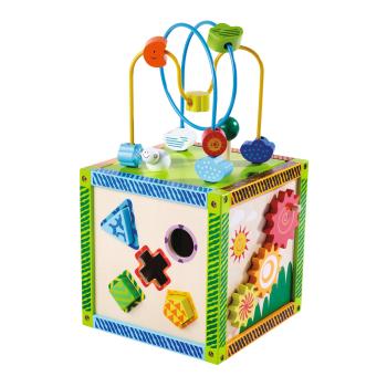 Preview: Centre de jeux en bois de bouleau, jouet éducatif boucle de motricité avec 4 jeux, 20 x 20 x 37 cm