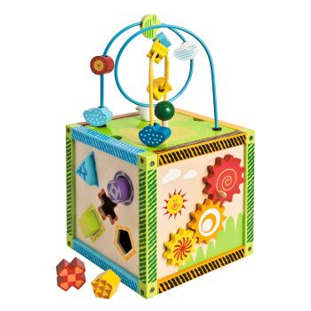 Preview: Centre de jeux en bois de bouleau, jouet éducatif boucle de motricité avec 4 jeux, 20 x 20 x 37 cm