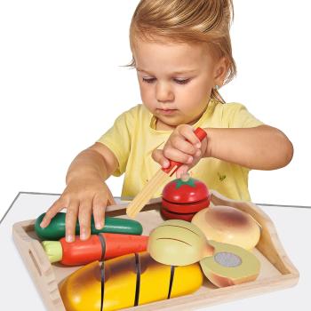 Preview: Children‘s chopping board with food 12 pieces, wooden educational toy, 3.5 x 14.3 x 25 cm