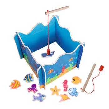 Preview: Jeu de pêche 16 pièces en bois, jouet éducatif avec deux cannes à pêche, 19 x 19 x 15 cm
