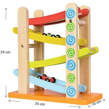 Preview: 4-piece wooden marble run, educational toy with three cars, 25 x 24 x 10 cm