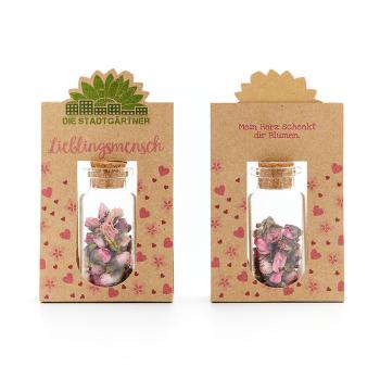 Preview: Geschenk Lieblingsmensch - Blüten im Glas mit Korkverschluss - Handgefertigt Deutschland - 100% natürliche & selbstgepflückte rosa Blüten