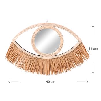 Preview: Augenspiegel Design Spiegel mit Bambusrahmen - Exotischer Wandspiegel & Dekoration für Wohnzimmer/Schlafzimmer - Bastfransen beige/braun - 41x31cm