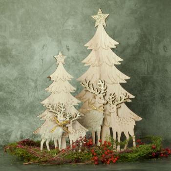 Preview: Décoration de Noël en bois, sapin et rennes, brun, hauteur 30 cm