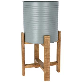 Preview: Fioriere grigie su supporto in legno, set di 2, vasi da fiori, Ø 31,5 e Ø 29 cm