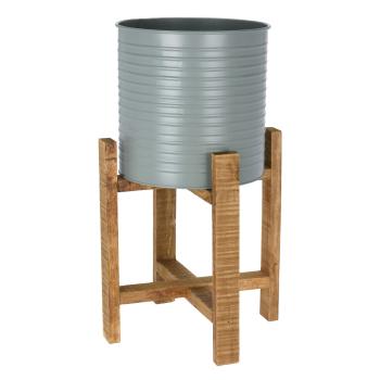 Preview: Fioriere grigie su supporto in legno, set di 2, vasi da fiori, Ø 31,5 e Ø 29 cm