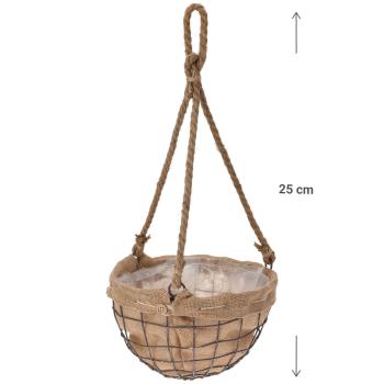 Preview: Hängeblumentopf Draht-Jute-Pflanzenkorb - Für Blütenpracht auf Terrasse, Garten & Küche - Ø 25x16cm, 35cm Seil - Mit Folie ausgelegt