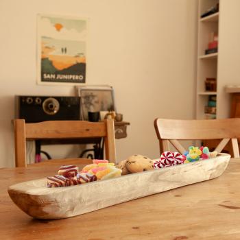 Preview: Servierschale Teakholz - Rustikale Obstschale länglich 70x12x7cm - Stilvolles Servieren von Brot Baguette Obst & Snacks - Handgefertigt Unikat