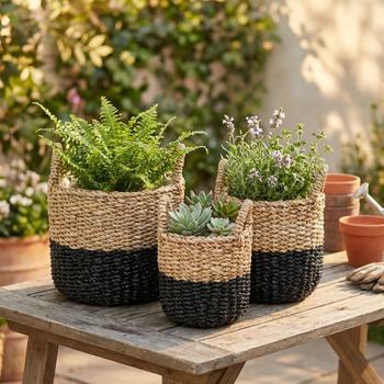 Decorative set of 3 seagrass plant baskets, black-brown - Rustic planters with handles & inner foil, various sizes - Natural charm
