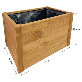 Preview: Sturdy wooden flower box: 60 x 40 x 40 cm, brown, with inner liner – durable planter for garden, balcony & terrace, natural look