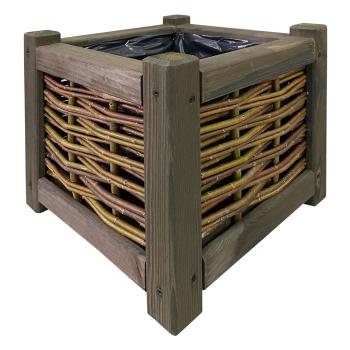 Preview: Fioriera in rattan e legno di pino (30x30x30cm): marrone, fioriera con rivestimento interno - Vaso naturale per piante da giardino, balcone e terrazzo
