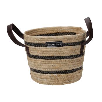 Preview: Aufbewahrungskörbe 3er Set - Braun-schwarz gestreift, rund, mit Kunstleder-Tragegriffen - Aus Maisgeflecht & Baumwolle - Ø 33/27/23 cm