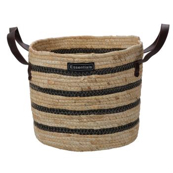 Preview: Aufbewahrungskörbe 3er Set - Braun-schwarz gestreift, rund, mit Kunstleder-Tragegriffen - Aus Maisgeflecht & Baumwolle - Ø 33/27/23 cm