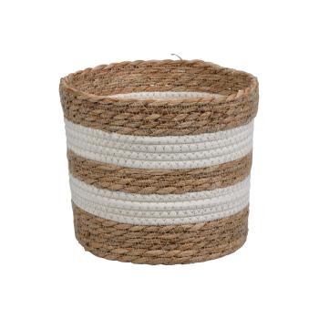 Preview: Aufbewahrungskörbe 3er Set Organizer - Runde geflochtene Strohkörbe aus Naturmaterial - natur & weiss - platzsparend stapelbar - 24x20-22x18-19x14cm