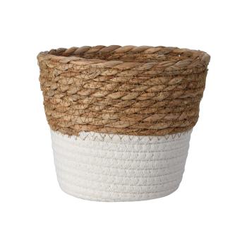 Preview: Cestini rotondi, set di 3 in cotone bianco e vimini naturale