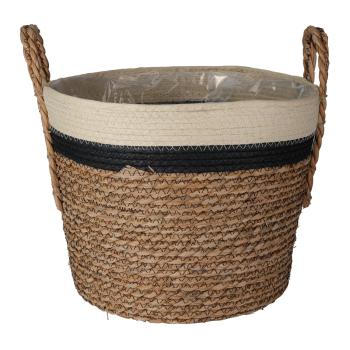 Preview: Set di 3 cestini decorativi, aspetto intrecciato, paglia/cotone - Cestini rotondi tricolore con manici, per gli amanti dell‘organizzazione