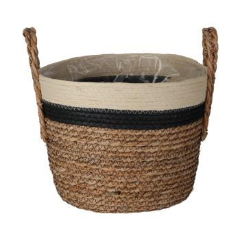 Preview: Set di 3 cestini decorativi, aspetto intrecciato, paglia/cotone - Cestini rotondi tricolore con manici, per gli amanti dell‘organizzazione