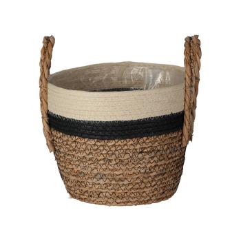 Preview: Set di 3 cestini decorativi, aspetto intrecciato, paglia/cotone - Cestini rotondi tricolore con manici, per gli amanti dell‘organizzazione