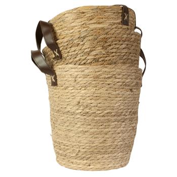 Preview: set di 3 cestini portaoggetti in seagrass con manico: organizer rotondo dall’aspetto naturale e intrecciato - soluzione di archiviazione naturale dal fascino rustico