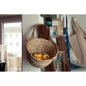 Preview: Strohkorb mit Griff natur - Dekorativer Aufbewahrungskorb Organizer für Wohnzimmer Bad Kinderzimmer - Geflochtene Optik - Ø 18x14cm für Kosmetik Spielzeug