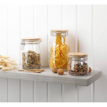 Preview: Vorratsglas 0,7l Glas - mit luftdichtem Bügelverschluss & elegantem Bambus-Deckel für trockene Lebensmittel wie Pasta Reis Müsli Gewürze - transparent/braun