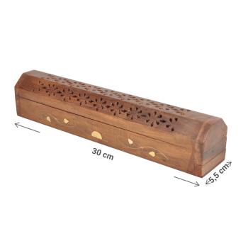 Preview: Räucherstäbchenhalter aus Holz - Exotischer Aschefänger für grosse Stäbchen - Brenner mit Deckel, braun/gold, 30x5.5cm - Dekoration & Geschenk