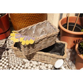 Preview: set di 2 cesti per piante in rattan con foglio per piante: fioriere, 60x23x20 e 40x23x20cm, cesti per piante naturali per giardino e balcone