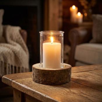 Photophore en bois véritable avec verre à bougie et bougie, look naturel - blanc/brun, Ø8x11cm/Ø12x4cm, atmosphère chaleureuse, socle en bois avec écorce naturelle