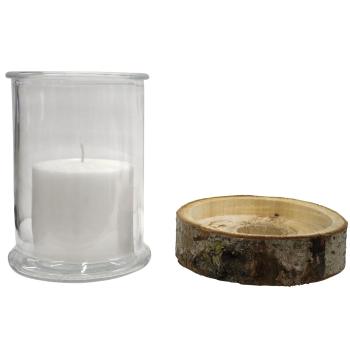 Preview: Kerzenglas auf Holzsockel - Windlicht Natur mit Pappelholz-Rinde - Für Innen & Aussen - Ø13x17cm Glas - Ø18x4cm Sockel - 56h Brenndauer