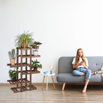 Preview: scaffale per piante in legno di abete a 5 livelli, 125x81x25cm, marrone scuro - Elegante scaffale per fiori, aspetto naturale, scala per piante in legno