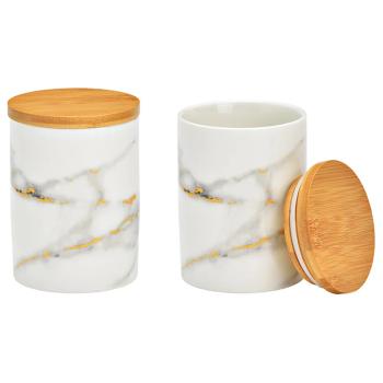 Preview: Vorratsdose Keramik - Luftdicht mit Bambusdeckel & Marmor-Optik weiss - 850ml Ø 10xH 14cm - Für Küche, Bad & Haushalt - Hält Lebensmittel frisch
