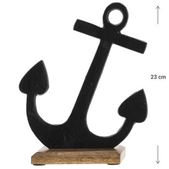 Preview: Aluminium Deko Anker auf Mangoholzsockel - Maritimer Aufsteller schwarz für Wohnzimmer Bad & Schaufenster - Elegante Meeresdekoration H 23 cm