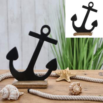 Preview: Aluminium Deko Anker auf Mangoholzsockel - Maritimer Aufsteller schwarz für Wohnzimmer Bad & Schaufenster - Elegante Meeresdekoration H 23 cm