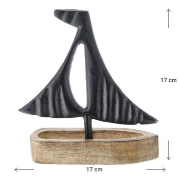 Preview: Segelboot Deko auf Mangoholzsockel - Edle maritime Dekoration für Wohnräume - Schwarz-Natur Design aus Aluminium, 17x17x5cm