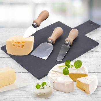 Preview: Plateau à fromages en ardoise avec 3 couteaux à fromage, 33 x 17 x 0,4 cm