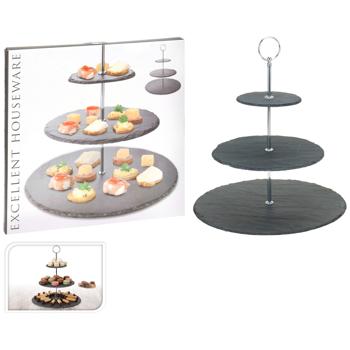 Preview: Etagere Schiefer mit 3 Ablagen - Dreistufiger Servierständer für Kuchen, Gebäck, Obst & Tapas - Naturstein, Metall Schwarz/Silber, H 34cm