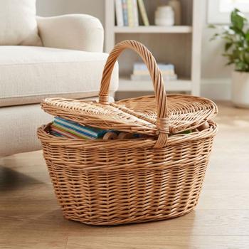 Cesto in salice pieno bollito – ovale con coperchio e manico – marrone, 28x19x34cm – contenitore elegante per libri, riviste e giochi