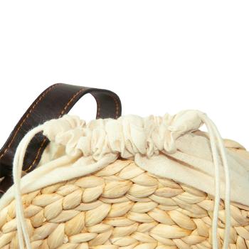 Preview: Elégant sac à bandoulière rond en matériaux naturels, beige/marron, Ø 20cm - Sac tendance avec lanière en cuir marron - Accessoire Boho Chic