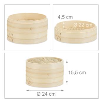 Preview: Bambusdampfkorb - 2-lagiger Dampfgarer für gesunde Küche - Schonendes Kochen von Reis, Gemüse, Dumplings, Lachs & Frühlingsrollen - Ø 24 cm