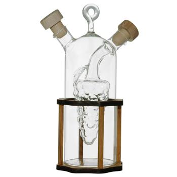 Preview: Distributeur moderne d‘huile et de vinaigre 2en1 : verre & bois d‘olivier, Design tendance - Finition de haute qualité & belle forme, pour servir avec style