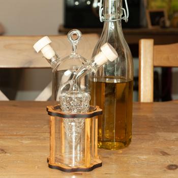 Preview: Distributeur moderne d‘huile et de vinaigre 2en1 : verre & bois d‘olivier, Design tendance - Finition de haute qualité & belle forme, pour servir avec style