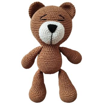 Preview: Lovingly handmade crocheted bear, 27 cm, brown and white - Unique cuddly toy for children, fluffy playmate to cuddle