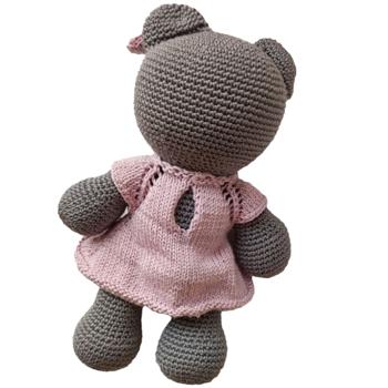 Preview: Häkel-Bär – Süsses Kuscheltier für Kinder & Babys – Handgefertigt aus Baumwolle – 27cm grau/rosa – Europäischer Familienbetrieb