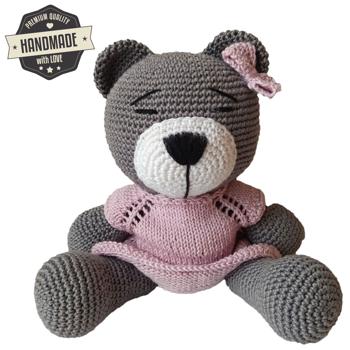 Preview: Häkel-Bär – Süsses Kuscheltier für Kinder & Babys – Handgefertigt aus Baumwolle – 27cm grau/rosa – Europäischer Familienbetrieb