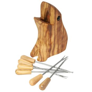 Preview: Olivenholz Frosch-Halter mit Cocktailgabeln - Ideal für Antipasti Fingerfood auf Partys & Festen - Handgefertigt in Italien - B12xH8cm