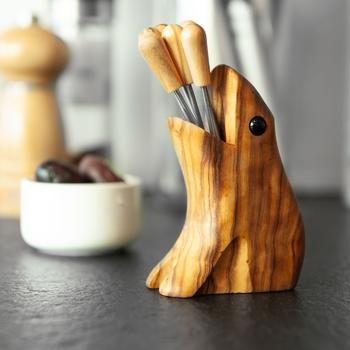 Preview: Olivenholz Frosch-Halter mit Cocktailgabeln - Ideal für Antipasti Fingerfood auf Partys & Festen - Handgefertigt in Italien - B12xH8cm