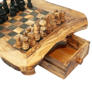 Preview: Scacchiera con pezzi, 100% legno d‘ulivo, con cassetto, L 30 x L 30 cm