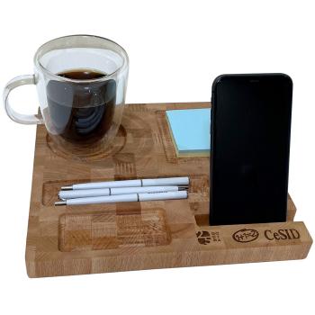 Preview: Schreibtisch-Organizer aus Buche - Multifunktionaler Büro-Organizer mit Handyhalterung & Tassenplatz - Natur/Braun, 30x25cm, lebensmittelecht