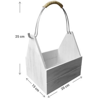 Preview: Deko Korb Holz mit Drahtaufhänger - Shabby Chic weiss - Vielseitig einsetzbar - Handgefertigt aus Holzfaserplatten mit ökologischer Farbe - 20x15x10cm