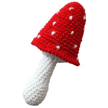 Preview: Fungo all‘uncinetto, fungo decorativo, cappello a fungo stretto, bianco-rosso, fatto a mano, L 9 cm